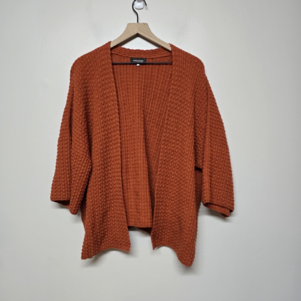 Eskandar O/S‎ Burnt Orange Soft Merino Wool Textured 3/4 Cardigan Sweater